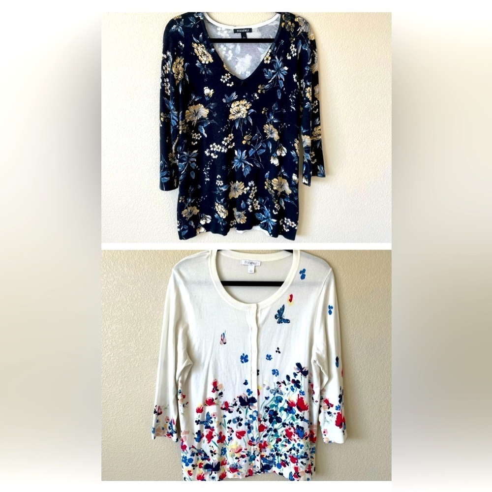 Lot Of 2 Roz & Ali Cardigan Sweaters L Floral Butterfly Career Office Feminine